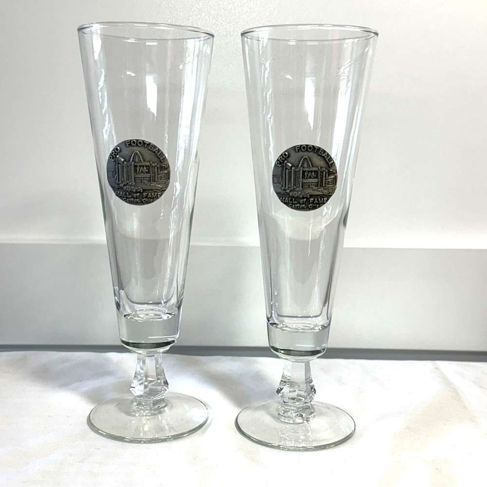Pro Football Hall of Fame Canton OH Pewter Seal Champgne Flute Glasses Set of 2